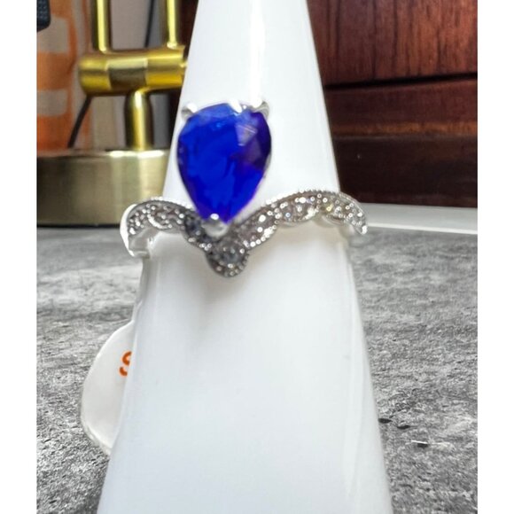 Ring Bomb Party Ring, size 6, Blue gemstone silver color band CZ looking mini st - Picture 3 of 5